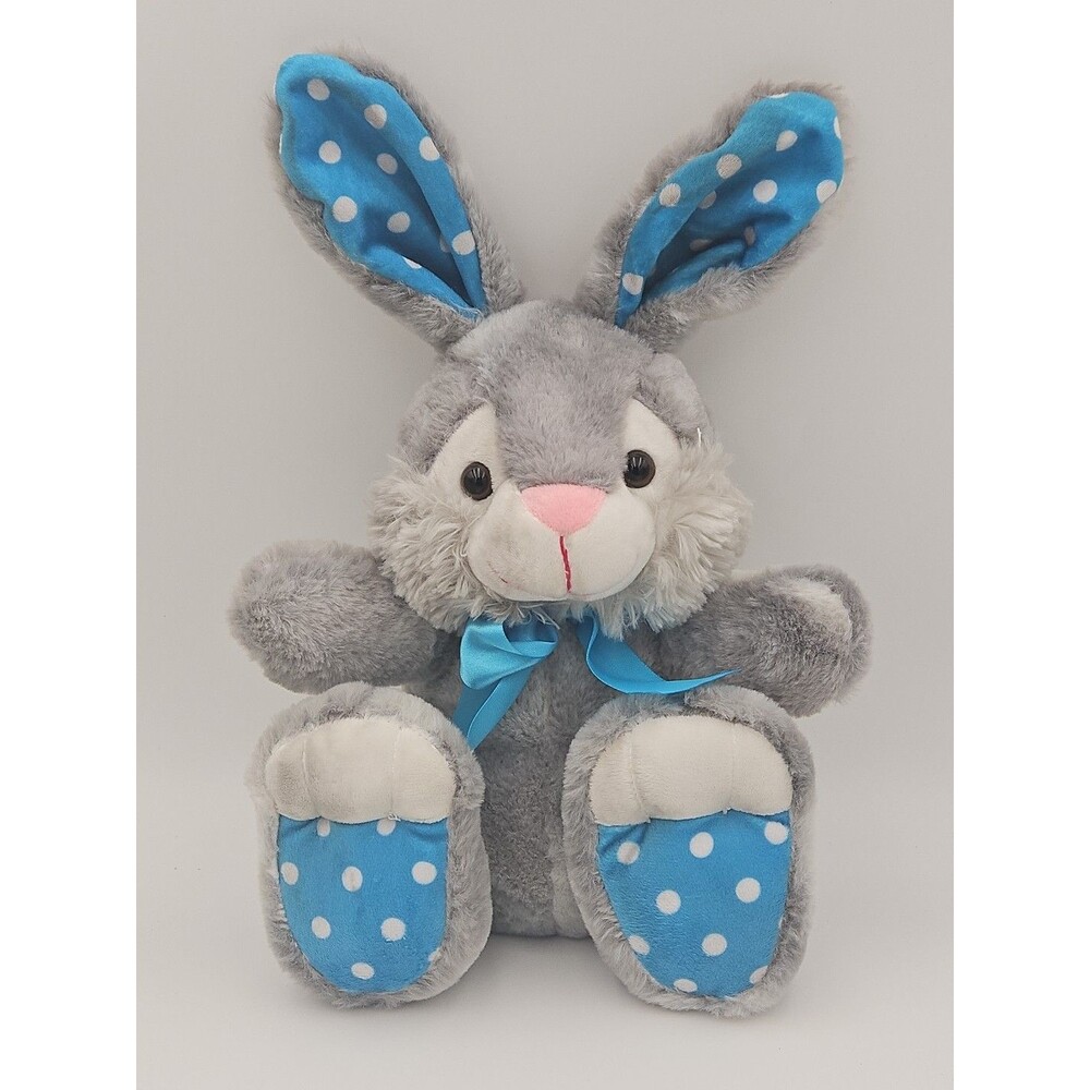 Publix Bunny Rabbit Plush Gray W/Blue White Dots 15" Stuffed Animal Blue Bow Tie